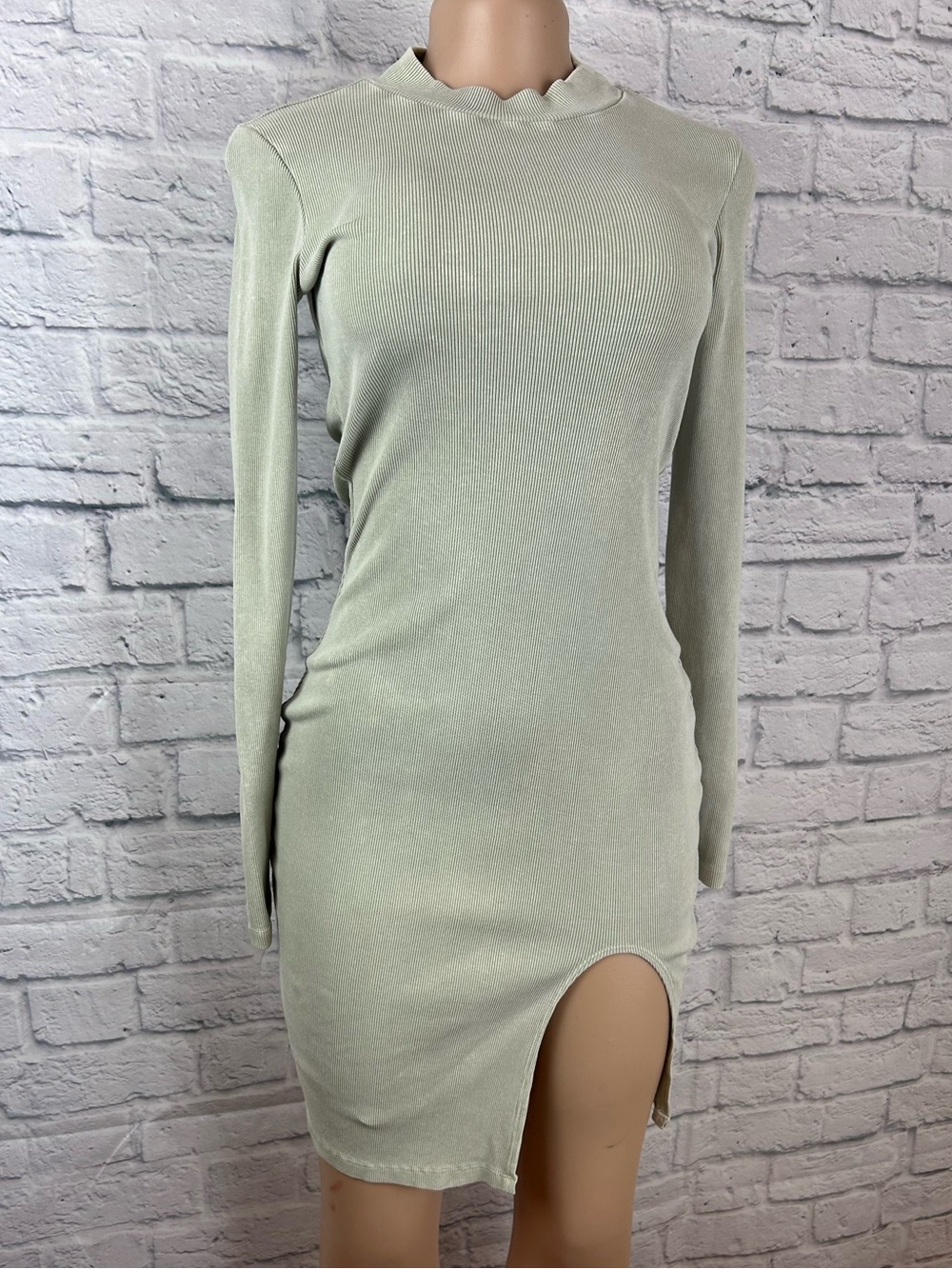 Young Fabulous & Broke Ribbed Sage Green Long Sleeve Bodycon Dress XS